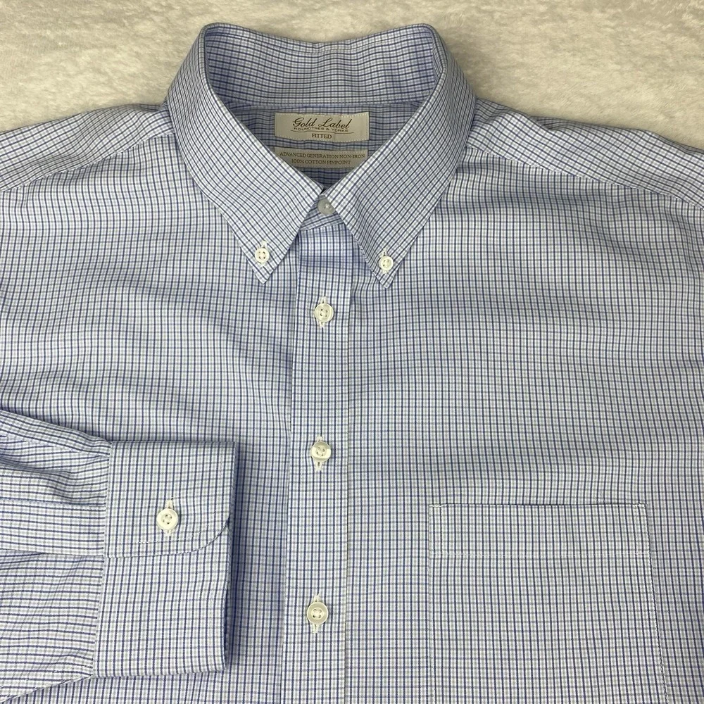 Roundtree & Yorke Gold Label Dress Shirt Mens 17-33 Blue Checks Fitted No Iron - Picture 3 of 9